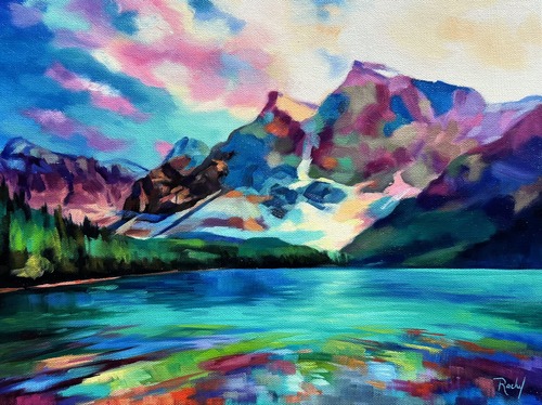 vibrantly colored oil painting of mountains and lake
