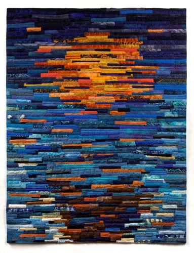 textile collage with a water landscape