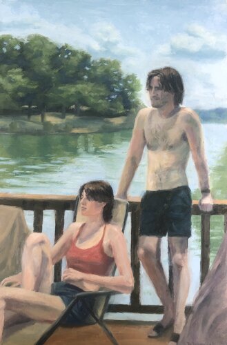 oil painting of young people relaxing near the water