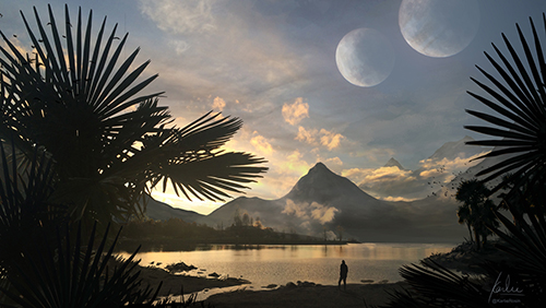 sci fi tropical landscape with two moons