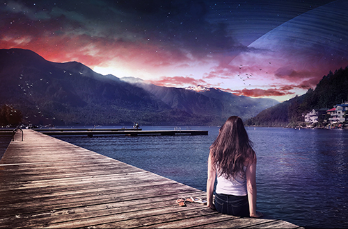 sci-fi landscape with woman on dock