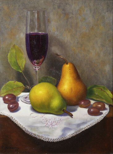 still life oil painting with glass of wine and pears