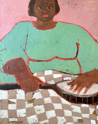 primitive folk art woman with instrument