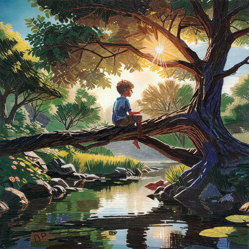 embroidered landscape with Christopher Robin sitting in a tree