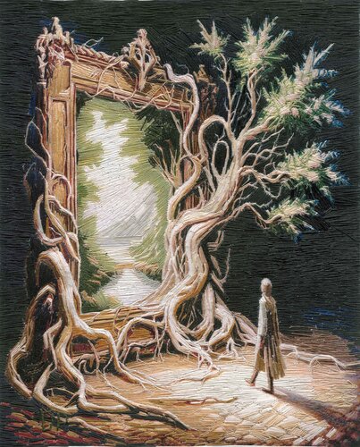 surreal embroidered image of a man walking into a magic forest