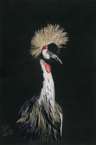 embroidered image of a gold crowned crane