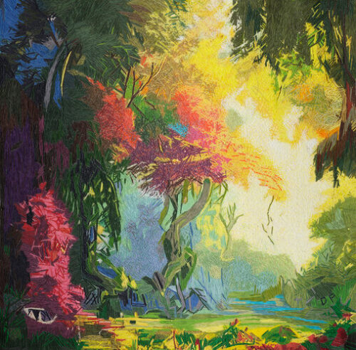 embroidered landscape of a magical forest 