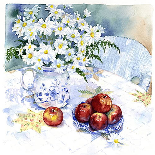 watercolor painting of a vase of daisies and apples still life