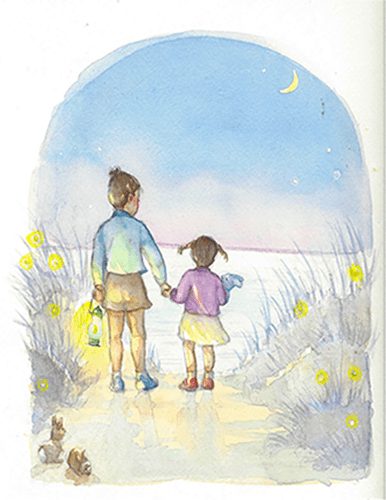 watercolor painting of two children at the beach