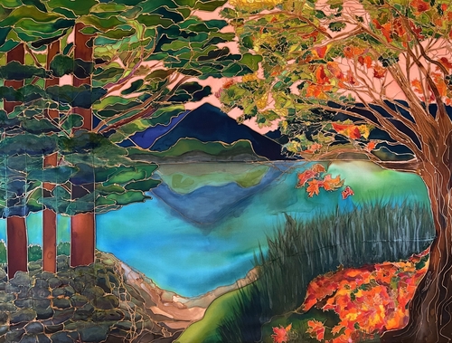 silk painting of a forest and lake landscape