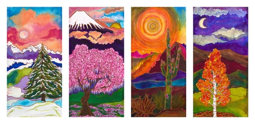 silk painting of four seasons on separate panels