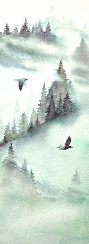 ethereal watercolor painting of birds in flight in winter