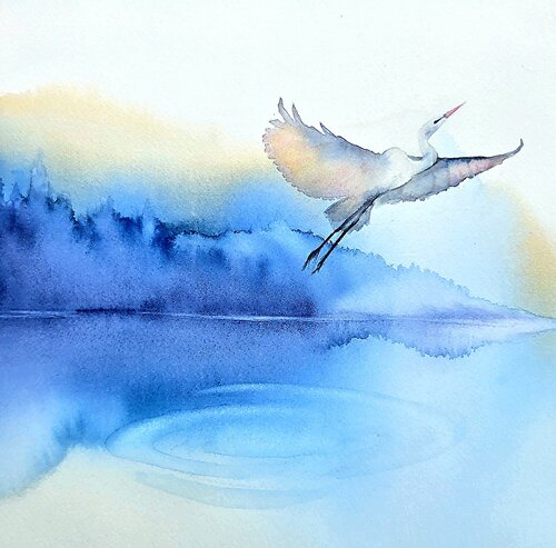 watercolor of an egret in flight at dawn