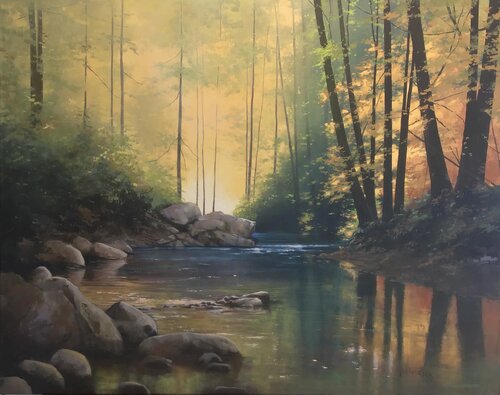 acrylic painting of a backlit forest scene