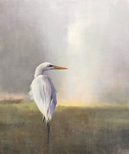 painting of a solitary egret in a marsh