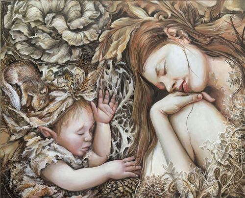 fantasy painting of a mother and child sleeping