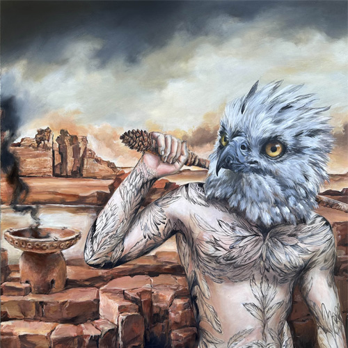 painting of a fantasy figure in a dystopian landscape
