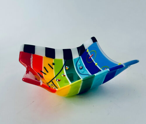 bold rainbow colored fused glass bowl