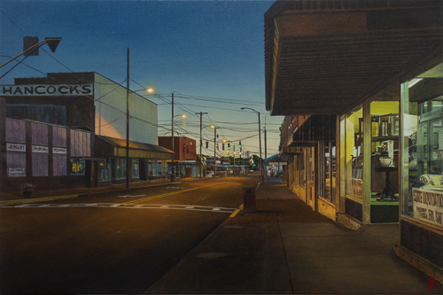 painting of a sleepy small town at dawn