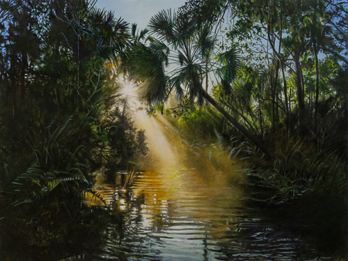 oil painting of a ray of sunlight on a rural creek