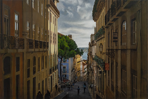 painting of a Lisbon Street in late afternoon