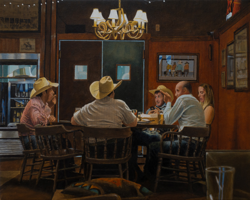 oil painting of cowboys at a dinner table