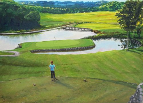 landscape painting of a golf course by Rhia Janta-Cooper