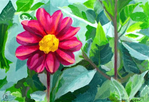 whimsical painting of a dahlia by artist Rhia Janta-Cooper