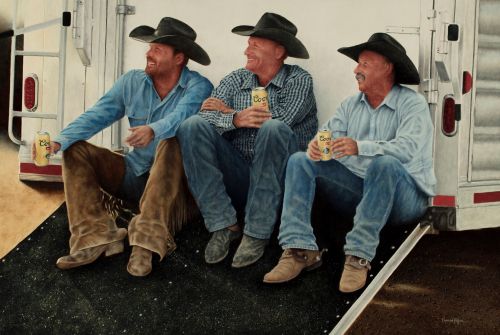oil painting of cowboys drinking beer