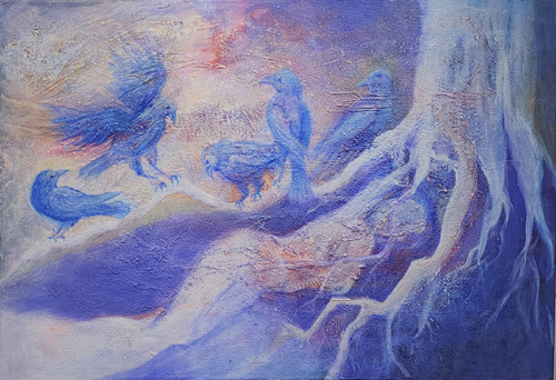 painting of two birds in a pastel palette