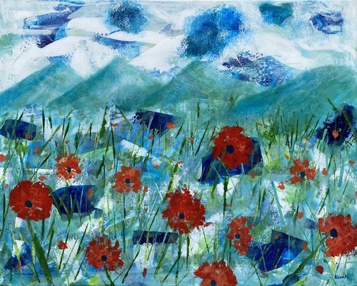 abstracted painting of a field of flowers