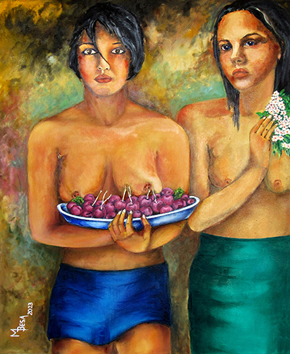 painting of two women after Gauguin