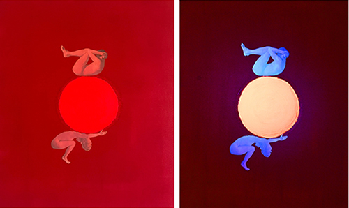interactive art image of two beings and a ball, carried and carrying
