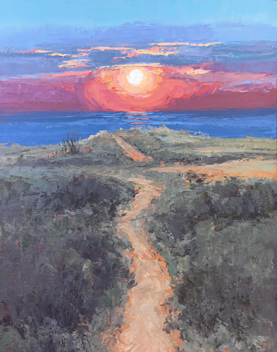 landscape painting of a path in the sand to a sunset