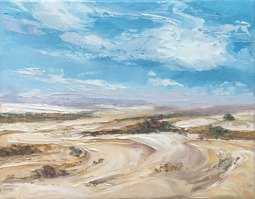 semi-abstract landscape painting of a beach and sky