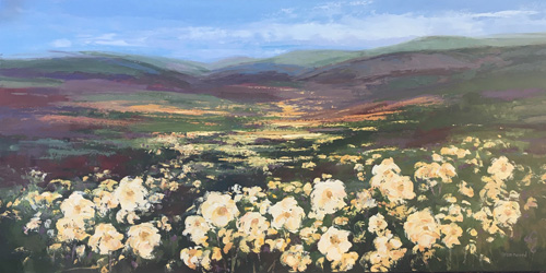 landscape painting of a wildflower field and mountains