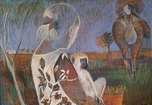oil pastel of an African scene with girl and monkey