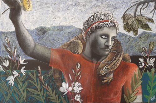 dreamlike oil pastel painting of a greek man and snake