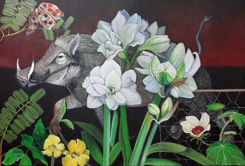 dreamlike oil pastel painting of a boar running through flowers