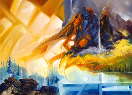 waterfall landscape painting with geometric focus