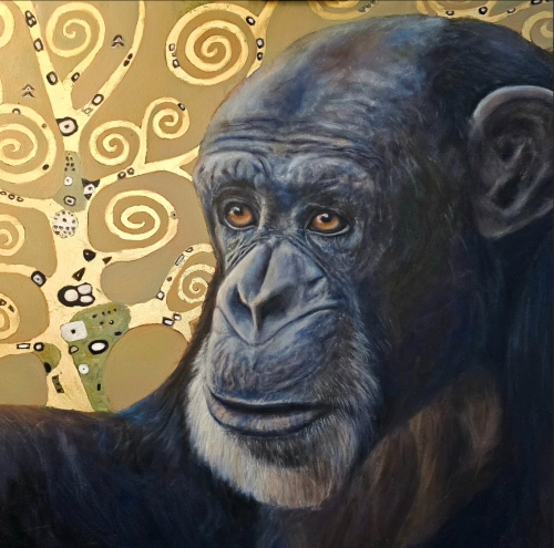realistic oil painting of a chimpanzee with Klimt-like background