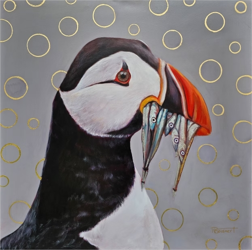 whimsical painting of a puffin bird with fish