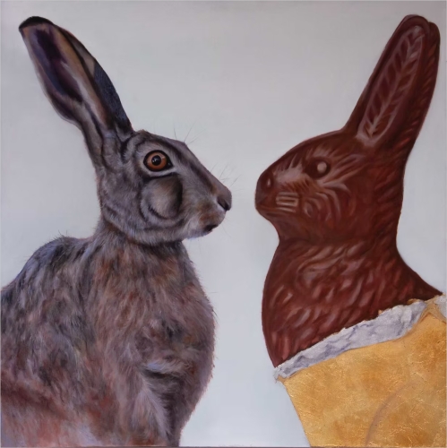whimsical painting of a rabbit and a chocolate rabbit