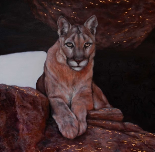 realistic oil painting of a cougar sitting on rocks