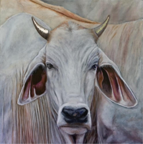 oil painting of a cow with golden horns