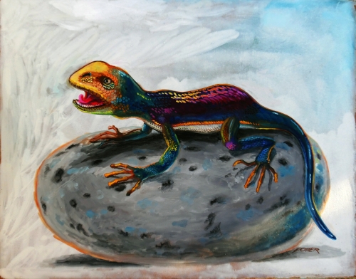 small gouache painting of a lizard on a rock