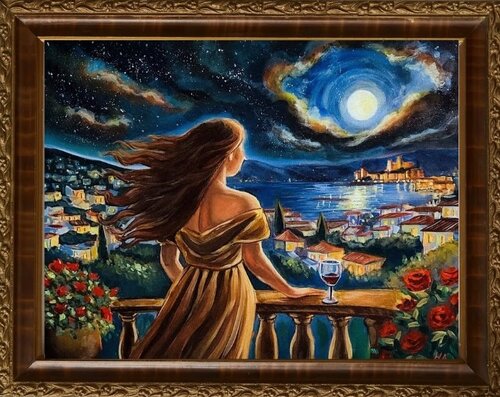 Painting of a woman looking out onto a moonlit landscape