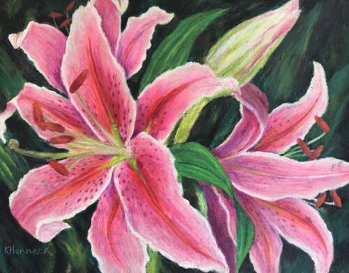 colored pencil drawing of lilies in a garden