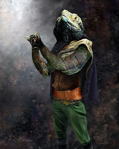 digital art steampunk style lizard in a costume