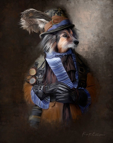 steampunk digital art of a dog in costume